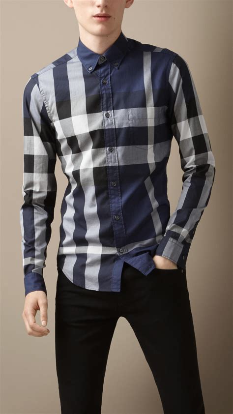 burberry men's cotton exploded check button down shirt navy blue|Burberry Limited.